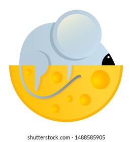 Cute cartoon mouse sleeping on a slice of delicious cheese. symbol of 2020. Vector 