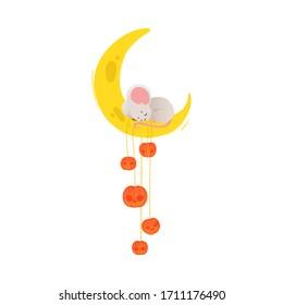 Cute cartoon mouse sleeping on cheese moon with pumpkins - yellow crescent with adorable little grey mouse taking a nap. Flat isolated vector illustration on white background.