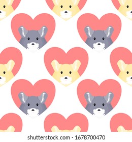 Cute cartoon mouse or small rodent in heart seamless pattern background. Hand drawn violet and beige chinchilla pattern. Childish vector illustration. Great for wallpaper, sticker, valentine's day