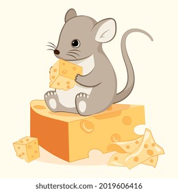 Cute Cartoon Mouse. Small mouse sits on piece of cheese and eats it. Rodent in house. Children illustration for books and printing on fabric. Cartoon flat vector illustration on a white background