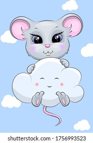 Cute cartoon mouse with a smiling cloud flies in the sky. Vector illustration of an animal on the blue background.