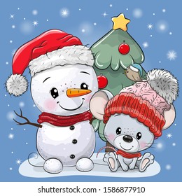 Cute Cartoon mouse and snowman near the Christmas tree