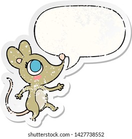 cute cartoon mouse with speech bubble distressed distressed old sticker
