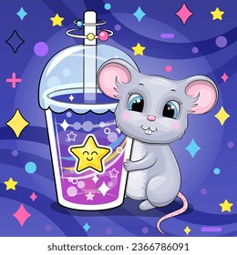 Cute cartoon mouse with star drink. Vector illustration of an animal and a cup of colorful water on a dark blue background with stars and dots.