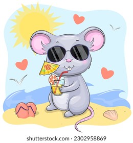 Ratón de dibujos animados con gafas de sol y limonada en la playa. Ilustración de vectores de animales de verano con sol, mar y arena.