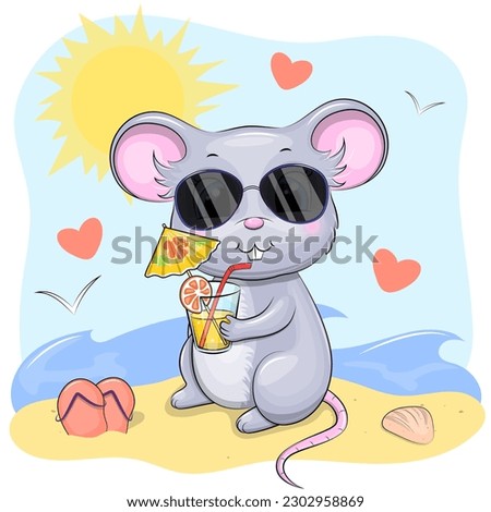 Cute cartoon mouse with sunglasses and lemonade on the beach. Summer animal vector illustration with sun, sea and sand. Foto stock © 