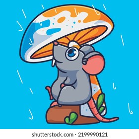 cute cartoon mouse take shelter under mushroom rain. isolated cartoon animal illustration vector
