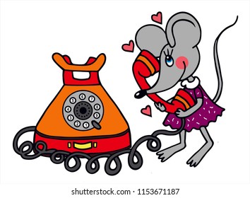 Cute cartoon mouse talking on an old telephone to her love. Colored vector for card or gift.