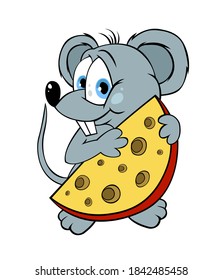 Cute cartoon mouse with tasty cheese. Great cartoon character for your design.