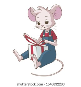 Cute cartoon mouse unpacking a gift box. Isolated object on white background. Decor element for for gift card and kids products (room, clothes, stationery).