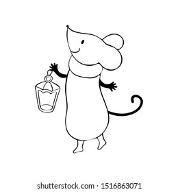 Cute cartoon mouse in vector. Chinese symbol 2020 new year. Illustration for design on the theme of Christmas and New year. Hand-drawn black and white line. Isolated object on white background. Doodle