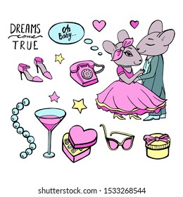 Cute cartoon mouse in vector. Chinese symbol 2020 new year. Lettering Happy New year. Illustration for design on the theme of Christmas and New year. Hand-drawn black and white line. Doodle