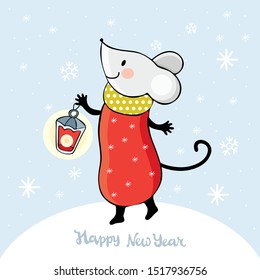 Cute cartoon mouse in vector. Kawaii mouse holding a lantern among the snowflakes. Hand drawn text Happy New year. Chinese symbol 2020 new year. Christmas and New year card or banner. Doodle