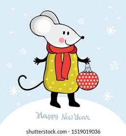 Cute cartoon mouse in vector. Kawaii mouse holding a Christmas toy among the snowflakes. Hand drawn text Happy New year. Chinese symbol 2020 new year. Christmas and New year card or banner. Doodle