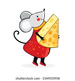 Cute cartoon mouse in vector. Kawaii mouse holds a piece of yellow cheese. Hand drawn funny rat. Chinese symbol 2020 new year. Christmas and New year card or banner. Christmas animals in the winter