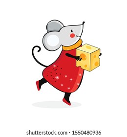 Cute cartoon mouse in vector. Kawaii mouse holds a piece of yellow cheese. Hand drawn funny rat. Chinese symbol 2020 new year. Christmas and New year card or banner. Christmas animals in the winter