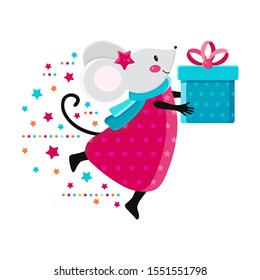 Cute cartoon mouse in vector. Kawaii mouse holds a gift. Happy rat gives a gift. Chinese symbol 2020. Funny holiday animals. Christmas and New year card or banner. Colorful children's illustration