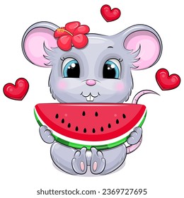 Cute cartoon mouse with watermelon. Vector illustration of animal on white background.