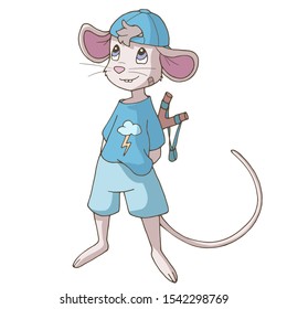 Cute cartoon mouse wearing a blue T-shirt, shorts, a cap and holding a slingshot behind the back. Isolated object on white background. Decor element for kids products (room, clothes, stationery).