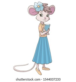 Cute cartoon mouse wearing a blue skirt and holding a book. Isolated object on white background. Decor element for kids products (room, clothes, stationery).