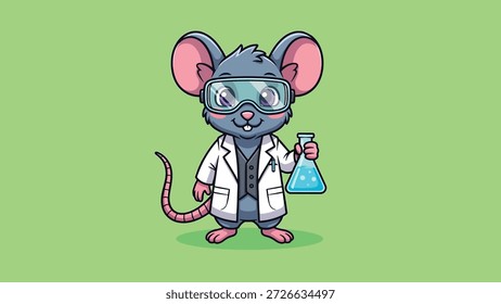 Eine süße Cartoon-Maus, die einen Laborkittel und eine Brille trägt und einen Becher mit blauer Flüssigkeit hält.