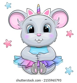 Cute cartoon mouse wearing a unicorn dress and headband. Vector illustration of an animal on a white background with stars.