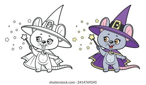 Cute cartoon mouse wizard with magic wand color and outlined for coloring page 