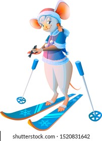 Cute cartoon mouse woman skiing character symbol 2020. Isolated on white vector illustration
