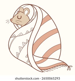 Um rato de desenho animado bonito é envolto confortavelmente em um cobertor listrado e padronizado, olhando tranquilo e quente.