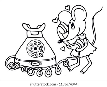 Cute cartoon mouses talking on an old telephone to her love. Colored vector for card or gift.