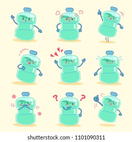 cute cartoon mouthwash with different expression on yellow background