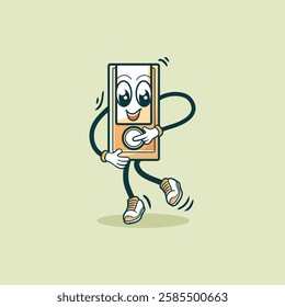 A cute cartoon mp3 player character with legs and shoes is shown dancing happily.