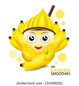Cute Cartoon MR.Banana Smoothies isolated on white background. Vector illustration.