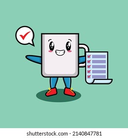 Cute cartoon mug character holding checklist note in concept 3d cartoon style