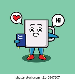 Cute cartoon mug character holding diary book with happy expression in concept 3d cartoon style