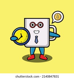 Cute cartoon mug character holding clock with happy expression in concept 3d cartoon style