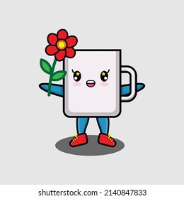 Cute cartoon mug character holding red flower in concept 3d cartoon style