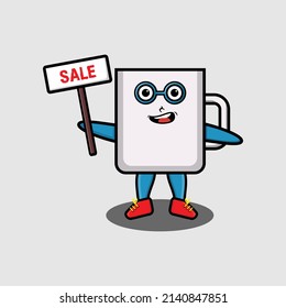 Cute cartoon mug character holding sale sign designs in concept 3d cartoon style