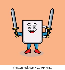 Cute cartoon Mug character holding two sword in 3d modern design for t-shirt, sticker, logo element