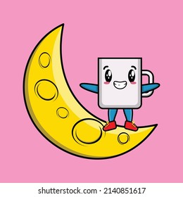 Cute cartoon Mug character standing on the crescent moon in 3d modern design