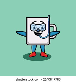 Cute cartoon mug diver with swimming glass in 3d modern style design