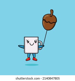 Cute cartoon mug floating with acorn balloon cartoon vector illustration in concept 3d cartoon style
