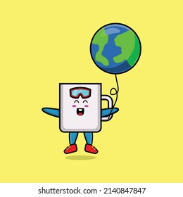 Cute cartoon mug floating with earth world balloon cartoon vector illustration