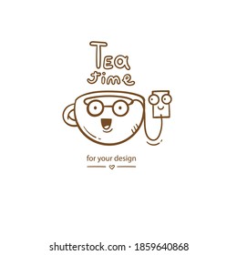 Сard with cute cartoon mug and tea. Funny drink print. Anthropomorphic tableware poster. Vector doodle illustration. Cheerful hand drawn сup.