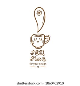 Сard with cute cartoon mug and tea. Funny drink print. Anthropomorphic tableware poster. Vector doodle illustration. Cheerful hand drawn сup.