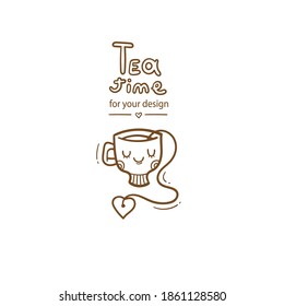 Сard with cute cartoon mug and tea. Funny drink print. Anthropomorphic tableware poster. Vector doodle illustration. Cheerful hand drawn сup.