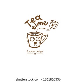 Сard with cute cartoon mug and tea. Funny drink print. Anthropomorphic tableware poster. Vector doodle illustration. Cheerful hand drawn сup.