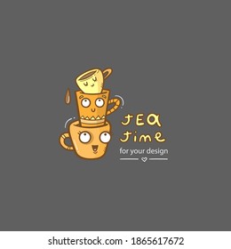 Сard with cute cartoon mug and tea. Funny drink print. Anthropomorphic tableware poster. Vector doodle illustration. Cheerful hand drawn сup.