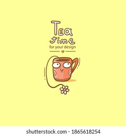 Сard with cute cartoon mug and tea. Funny drink print. Anthropomorphic tableware poster. Vector doodle illustration. Cheerful hand drawn сup.