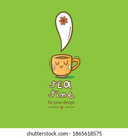 Сard with cute cartoon mug and tea. Funny drink print. Anthropomorphic tableware poster. Vector doodle illustration. Cheerful hand drawn сup.